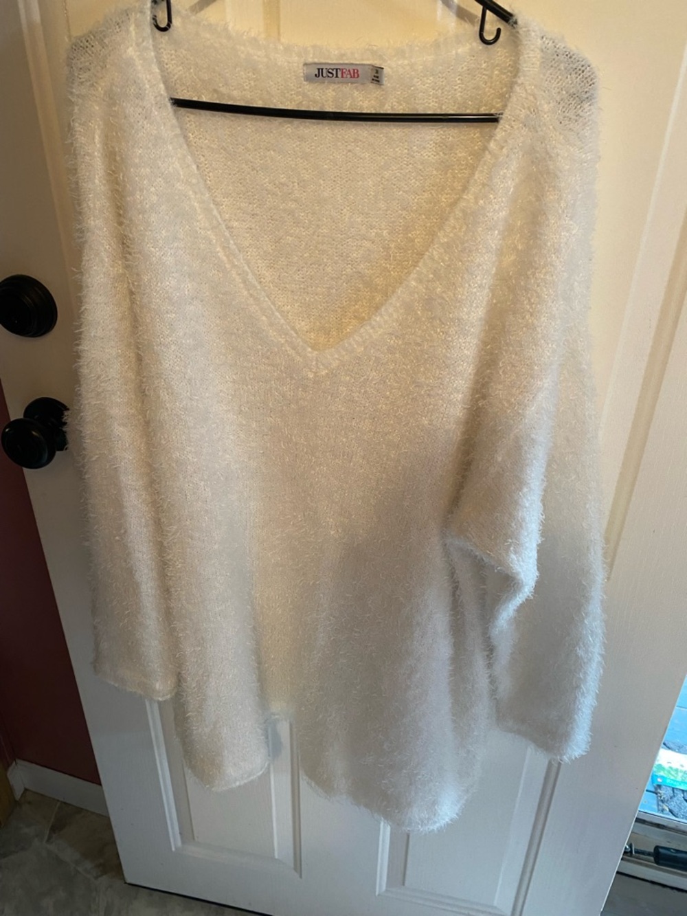 JustFab Cream Fuzzy V-Neck Pullover Sweater